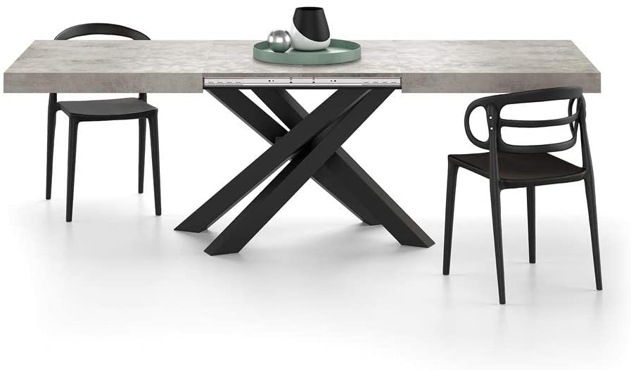 Mesa Extensible Emma 160 de Mobili Fiver en color Cemento Gris con Patas Cruzadas Negras