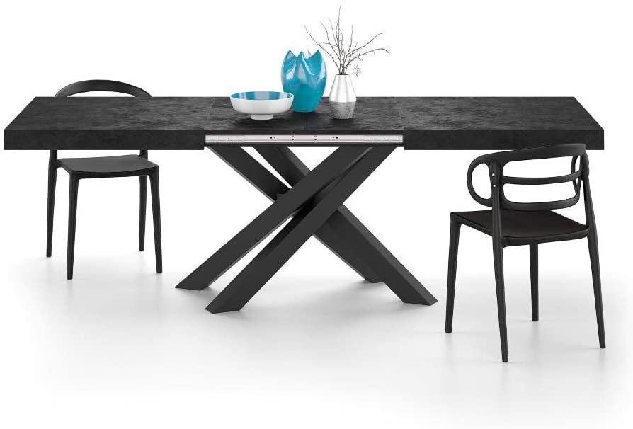 Mesa Extensible Emma 160 de Mobili Fiver en color Cemento Negro con Patas Cruzadas Negras