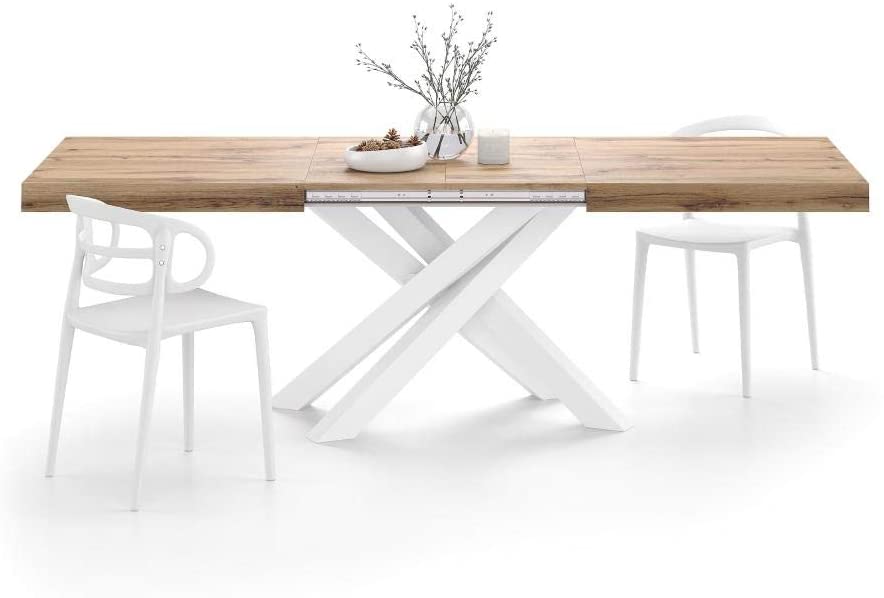 Mesa Extensible Emma 160 de Mobili Fiver en color Madera Rústica con Patas Cruzadas Blancas