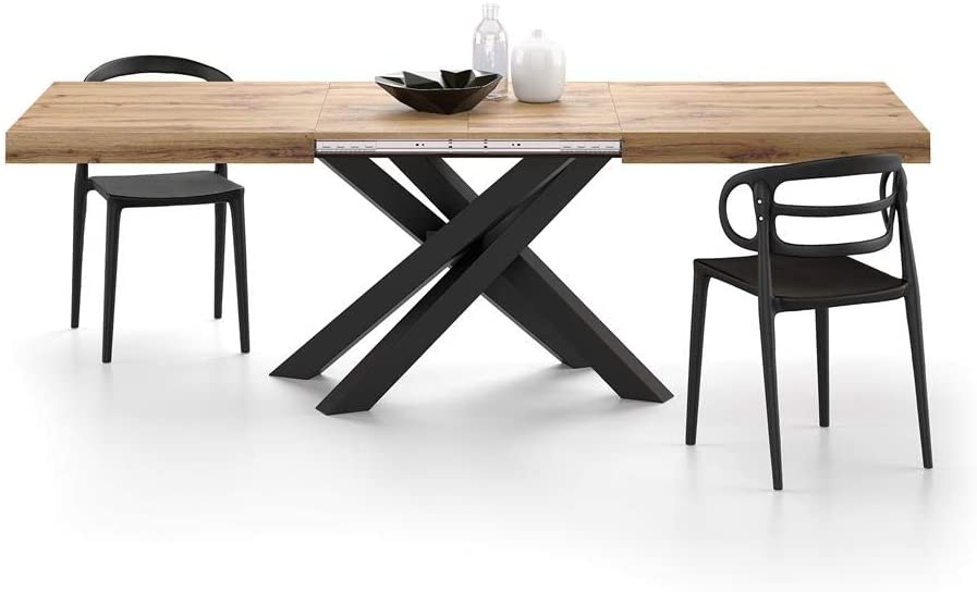 Mesa Extensible Emma 160 de Mobili Fiver en color Madera Rústica con Patas Cruzadas Negras