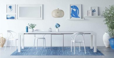 mesa consola extensible mobili fiver first abierta para 14 comensales en color blanco brillante