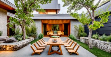 mesa de jardín en medio de un jardín zen con piedras y arena (1)